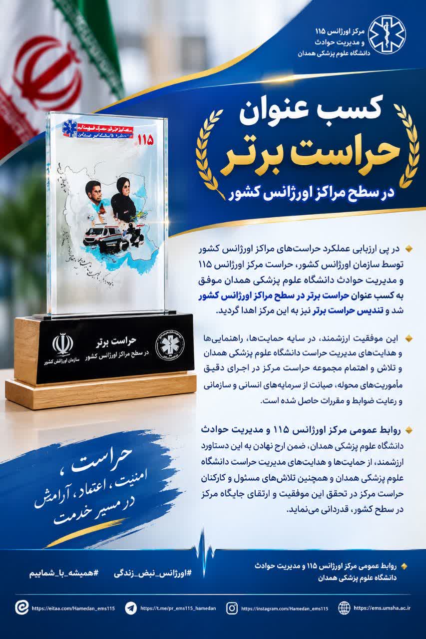 کسب عنوان حراست برتر در سطح مراکز اورژانس کشور